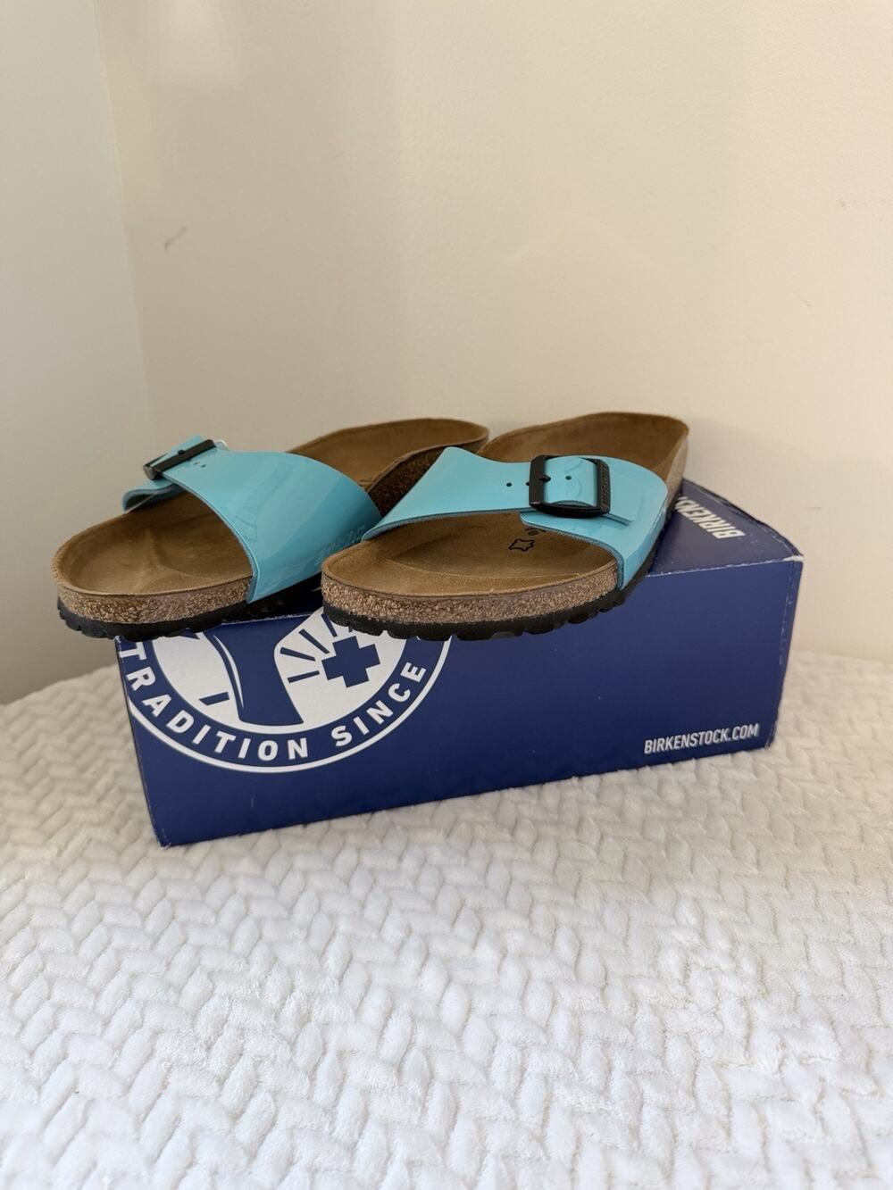 Birkenstock Madrid Patent Blue Birko-Flor Black Buckle Narrow EU42 US W11 M9